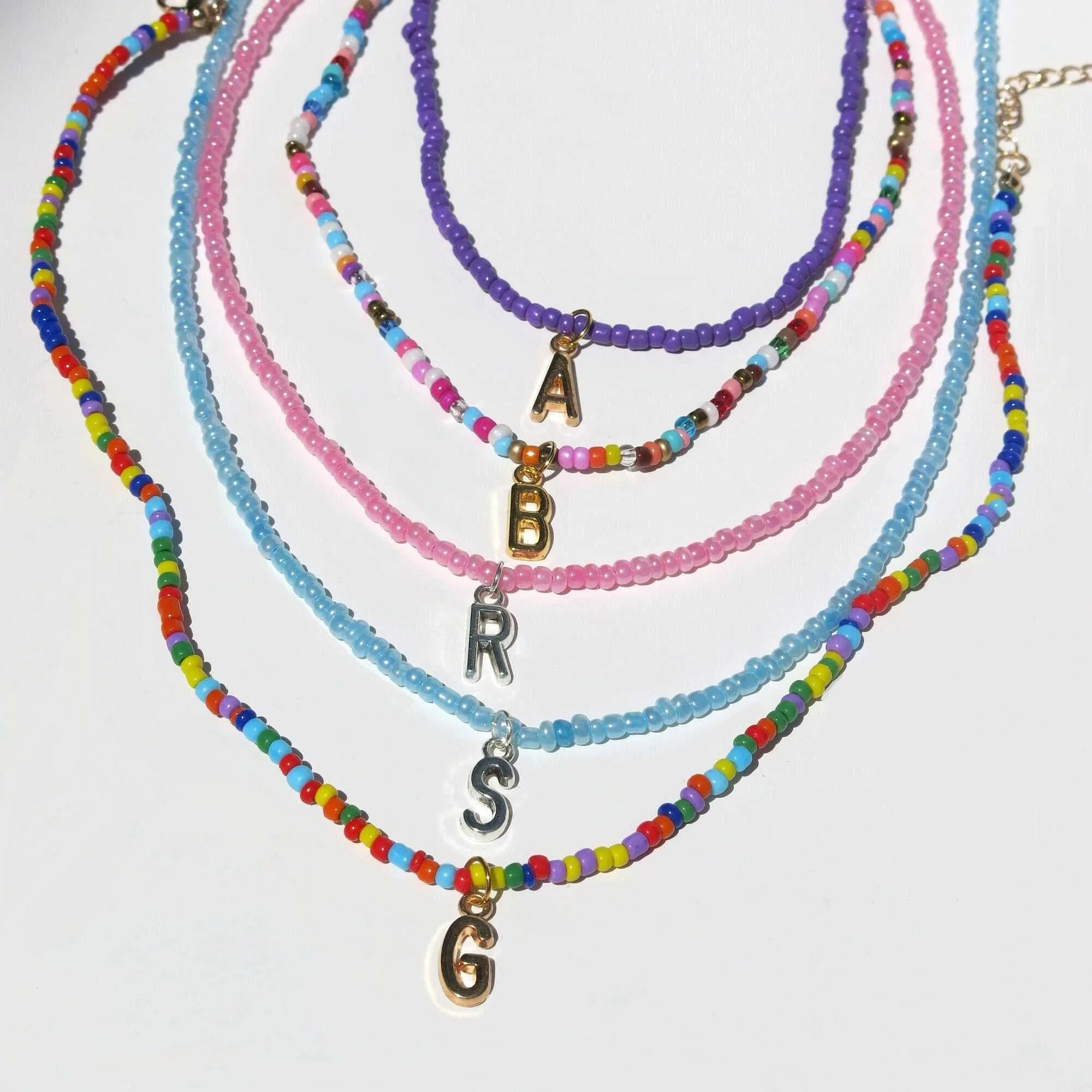 Seed Bead Unisex Necklace, Name Initial Letter Beaded Necklace, Boho Minimalist Personalized Name Necklace