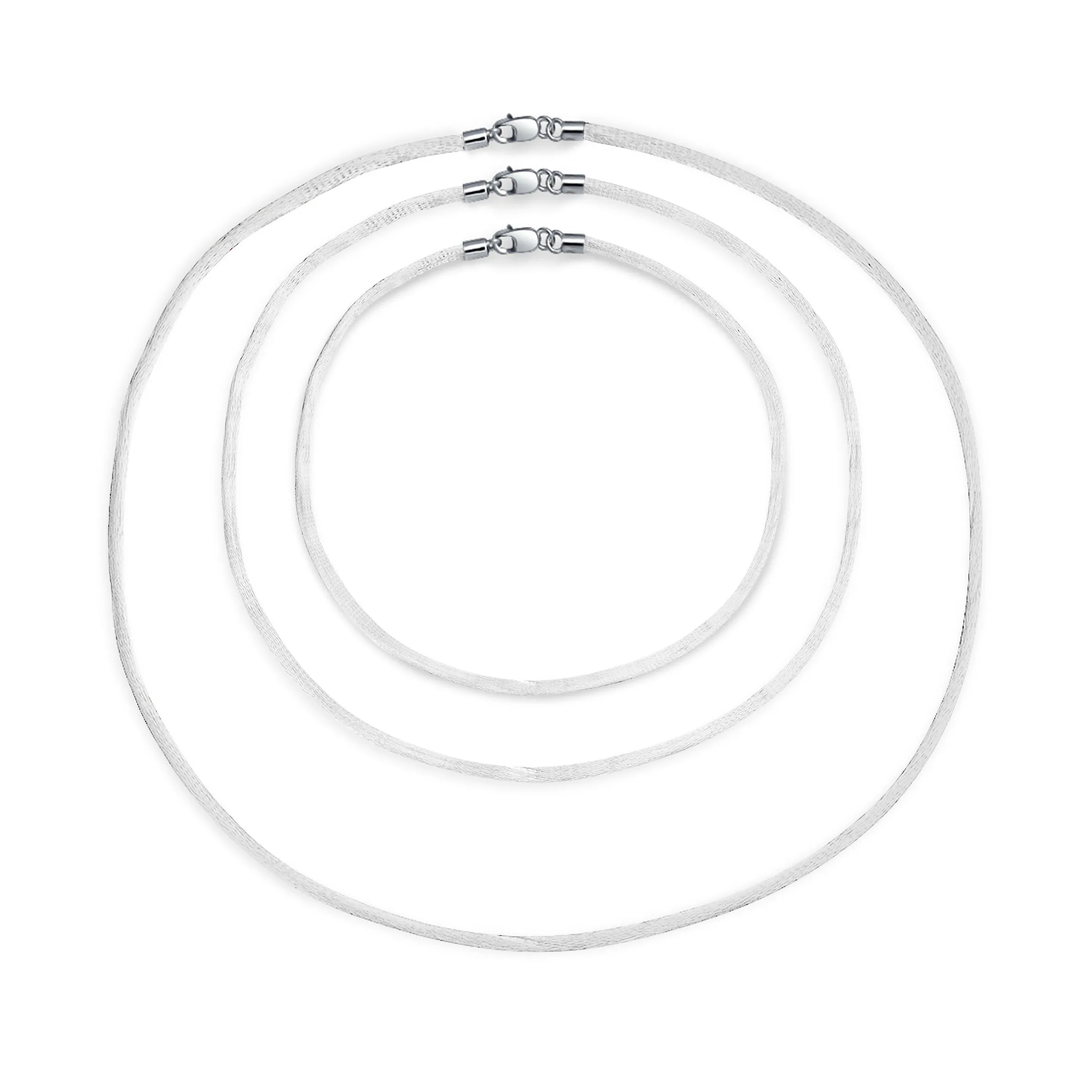 Set of 3 Soft Satin Silk Cord Necklace Sterling Silver Clasp Multiple Lengths