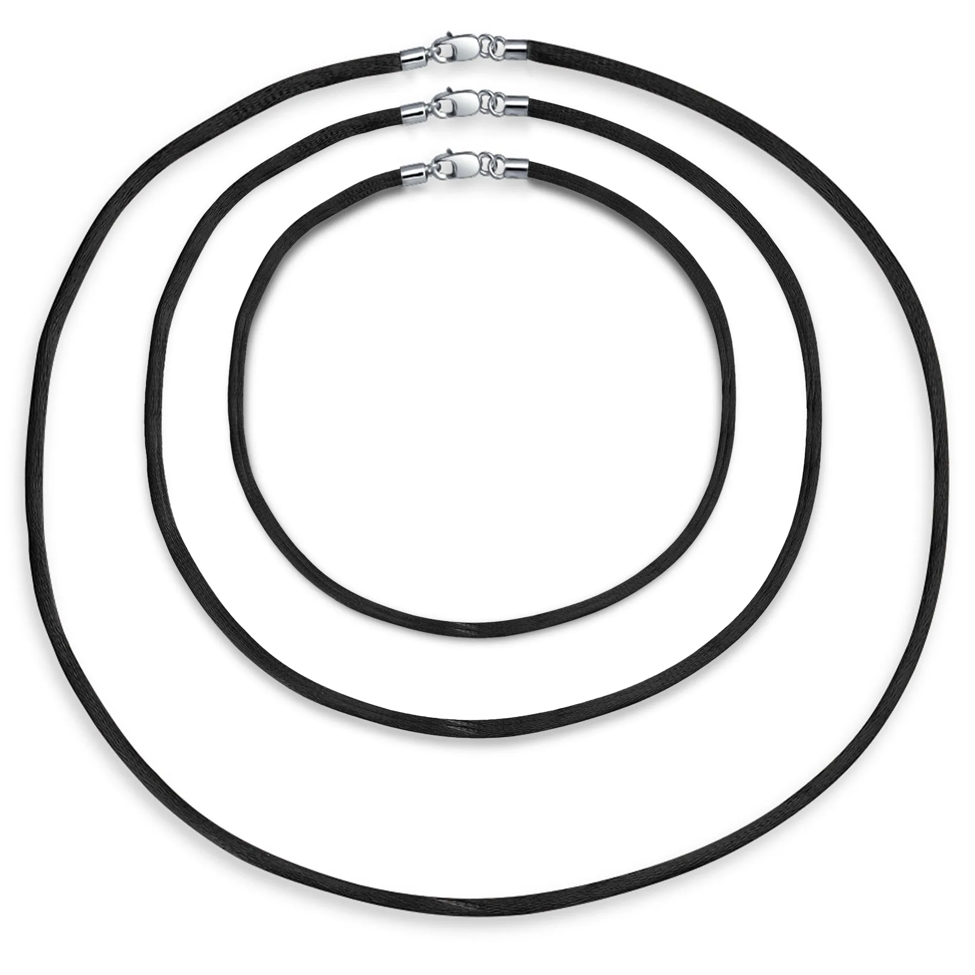 Set of 3 Soft Satin Silk Cord Necklace Sterling Silver Clasp Multiple Lengths