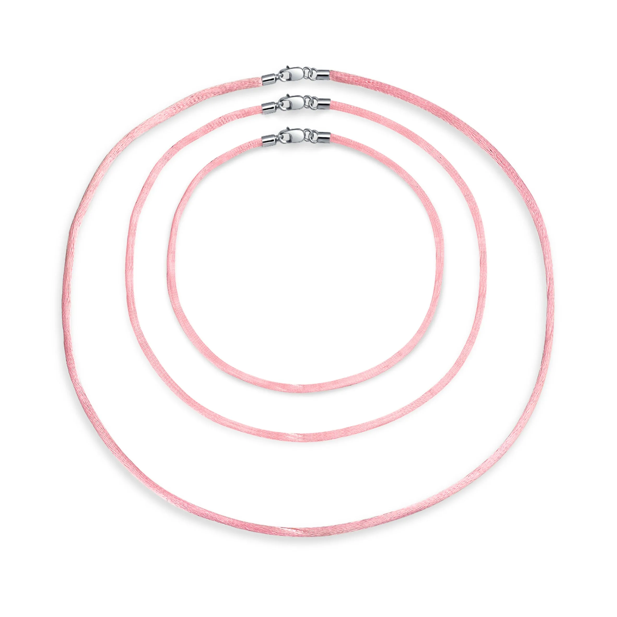 Set of 3 Soft Satin Silk Cord Necklace Sterling Silver Clasp Multiple Lengths