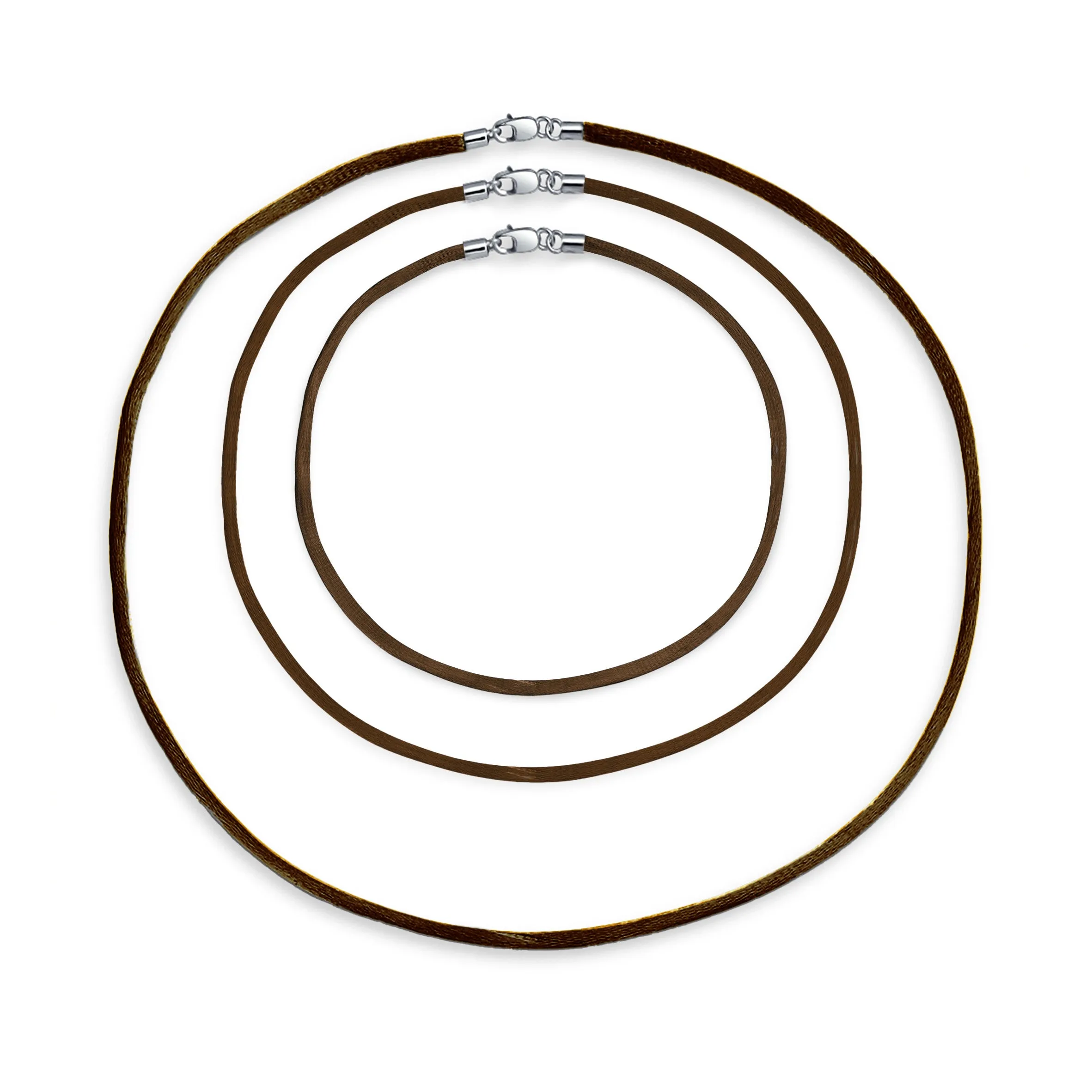 Set of 3 Soft Satin Silk Cord Necklace Sterling Silver Clasp Multiple Lengths