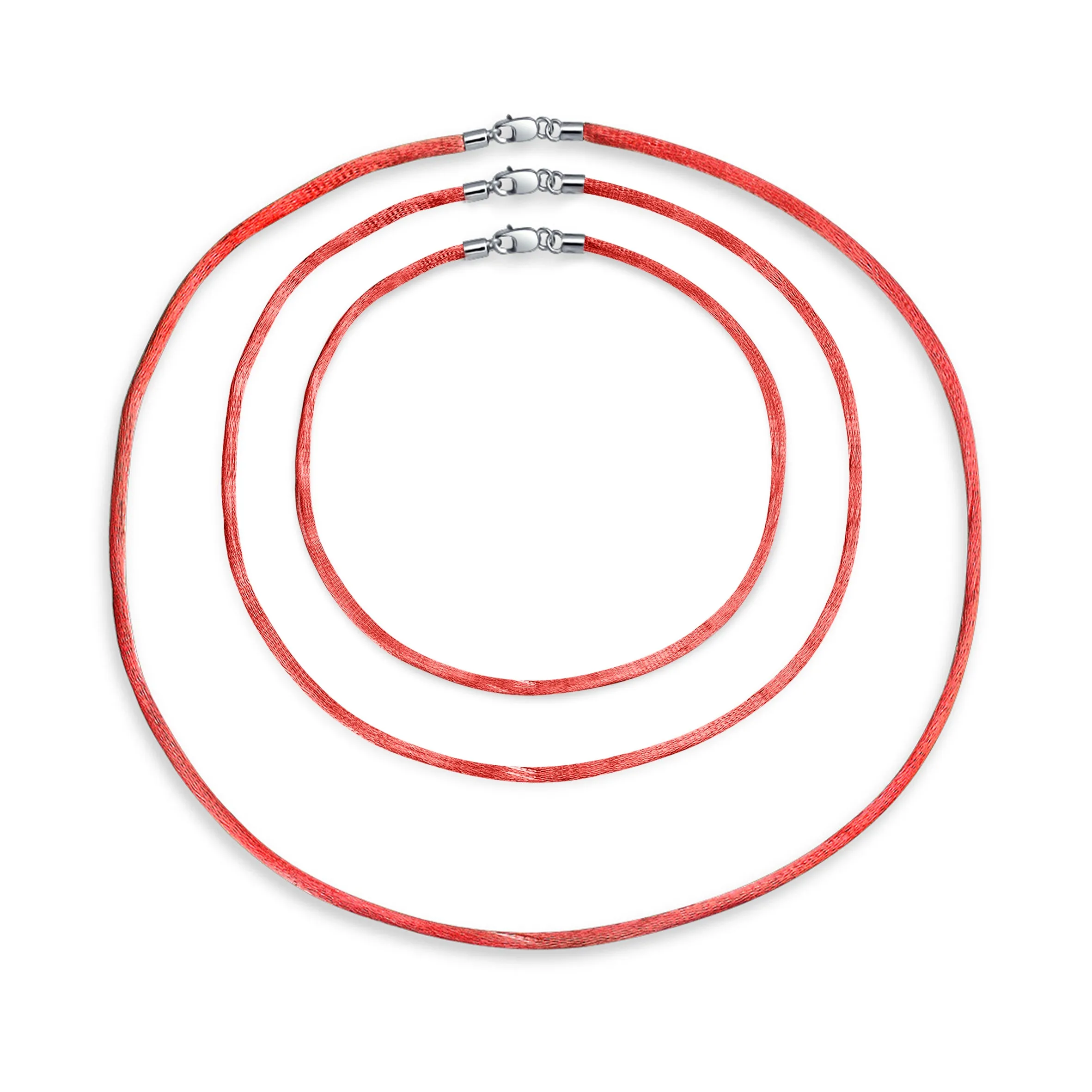 Set of 3 Soft Satin Silk Cord Necklace Sterling Silver Clasp Multiple Lengths
