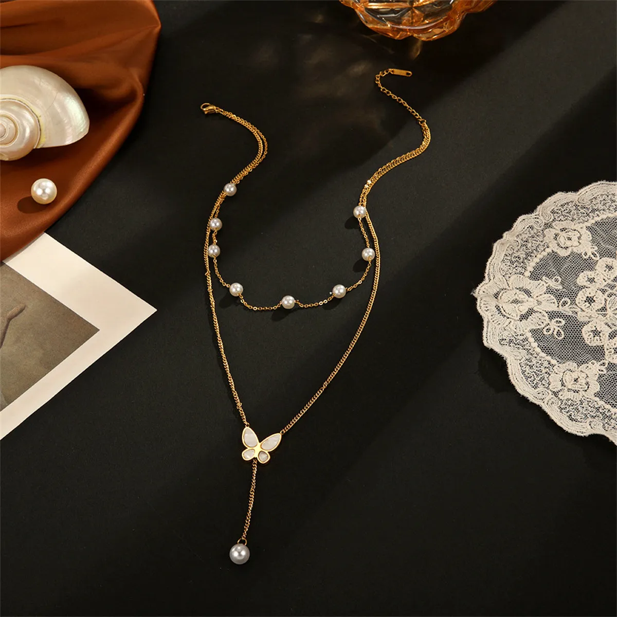 Shell & Pearl Butterfly Layered Lariat Necklace