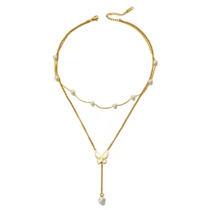 Shell & Pearl Butterfly Layered Lariat Necklace