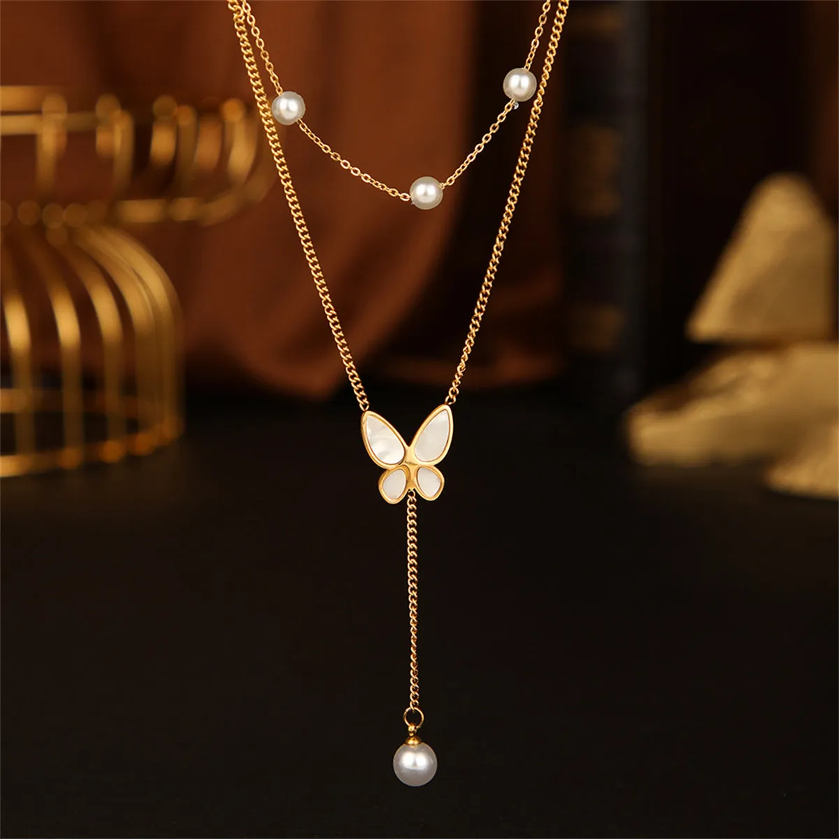 Shell & Pearl Butterfly Layered Lariat Necklace