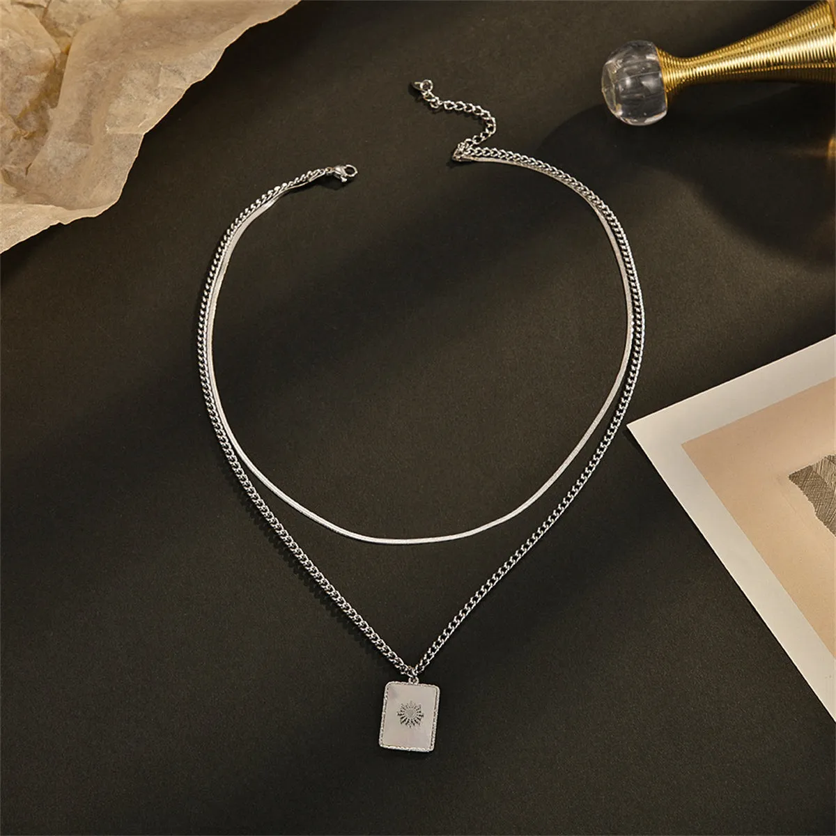 Shell & Silver-Plated Mum Floral Rectangle Layered Pendant Necklace