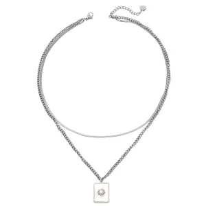 Shell & Silver-Plated Mum Floral Rectangle Layered Pendant Necklace