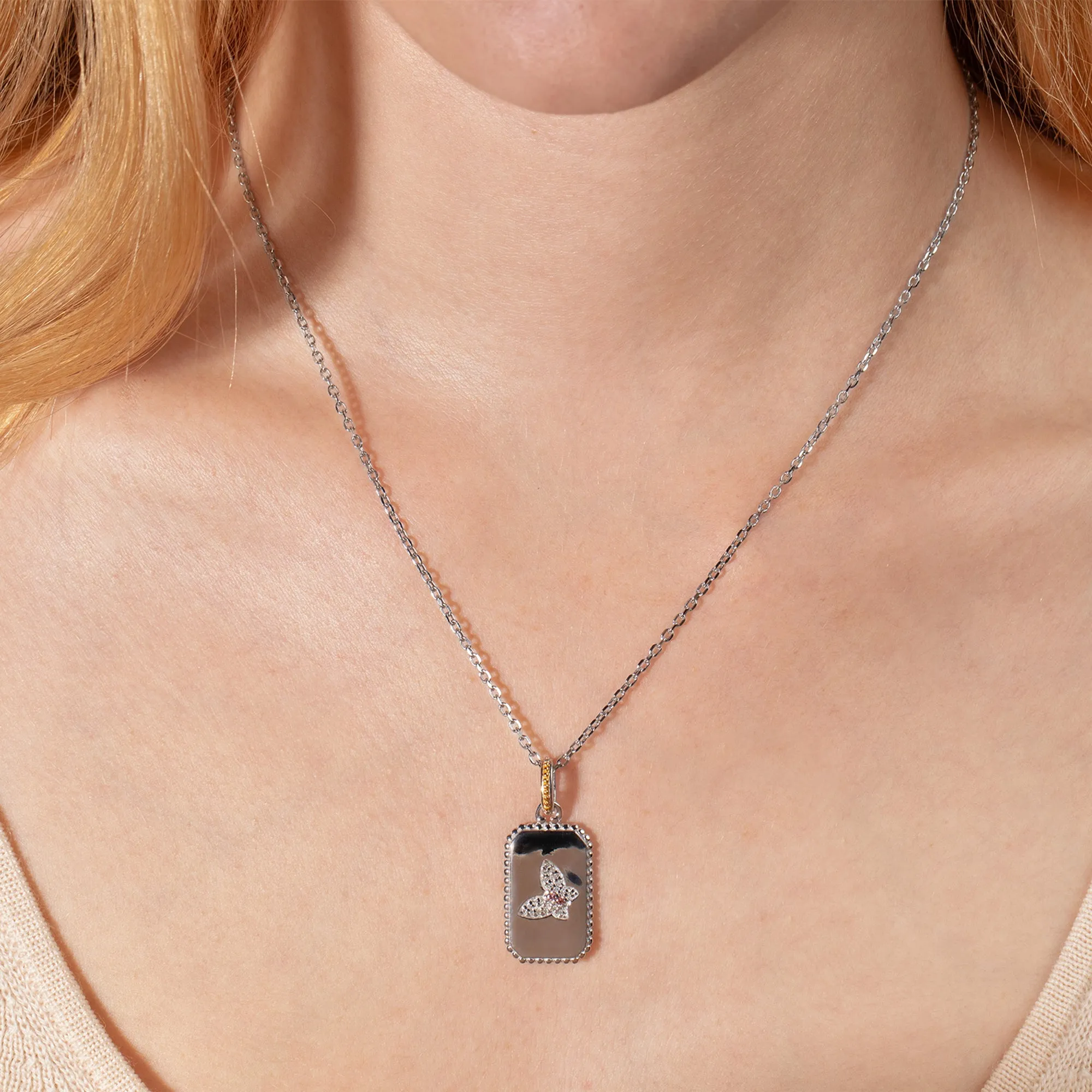 Silver & 18K Gold Diamond Butterfly Medallion Tag
