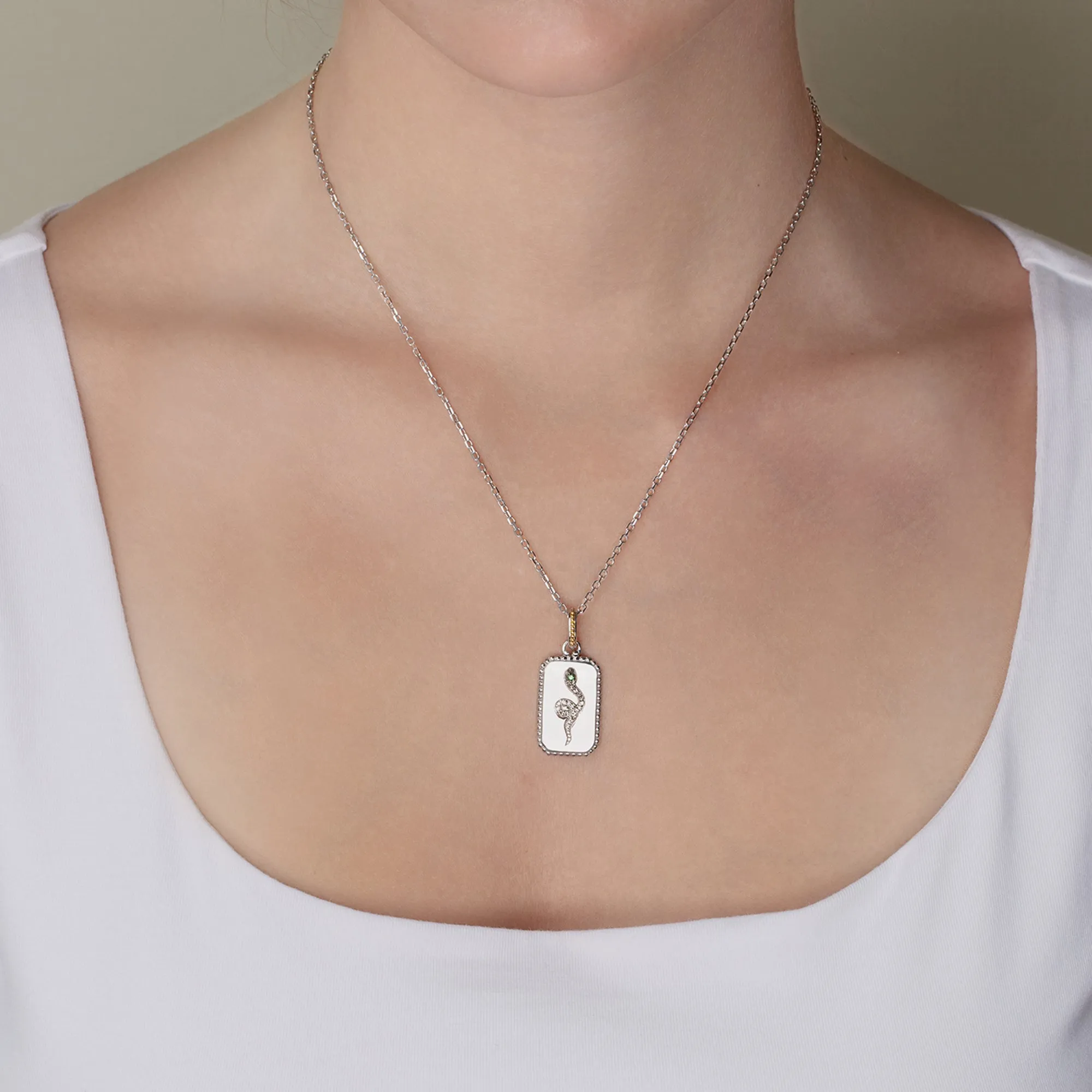 Silver & 18K Gold Diamond Snake Medallion Tag