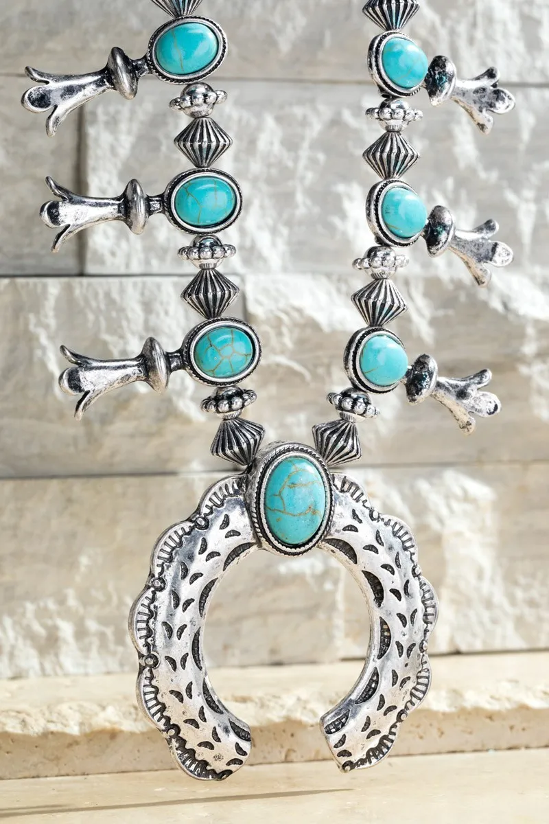 SILVER AND TURQUOISE SQUASH BLOSSOM NECKLACE