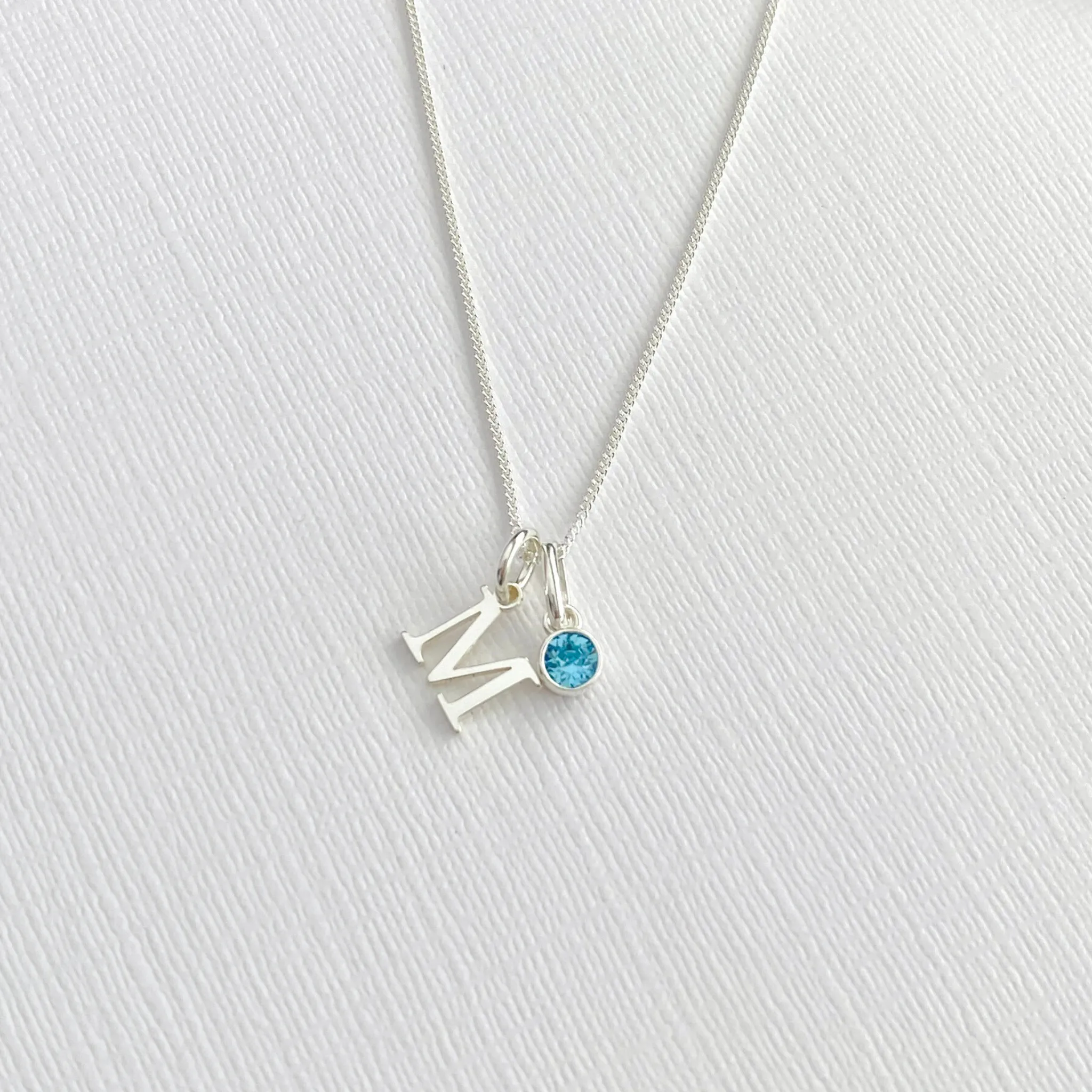 Silver March Birthstone and Initial Necklace