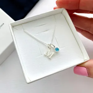 Silver March Birthstone and Initial Necklace