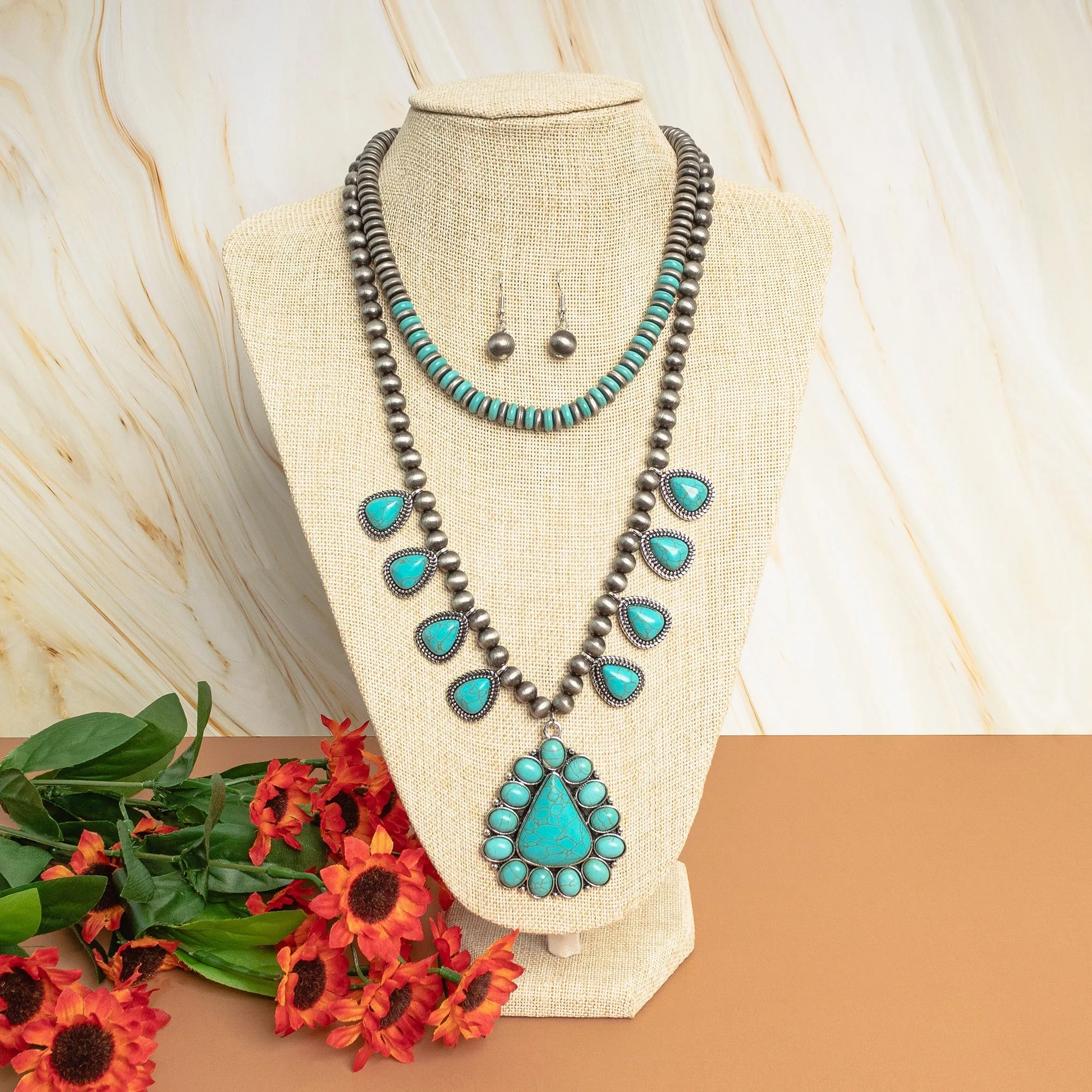 Silver Navajo Pearl Double Strand Necklace with Turquoise triangle pendants