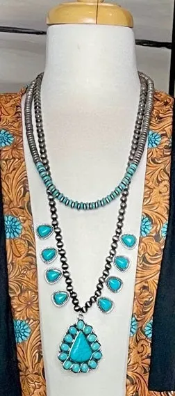 Silver Navajo Pearl Double Strand Necklace with Turquoise triangle pendants