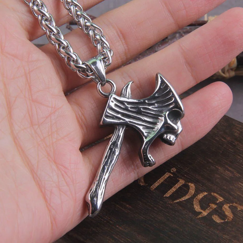 Silver Skull Axe Pendant Viking Necklace