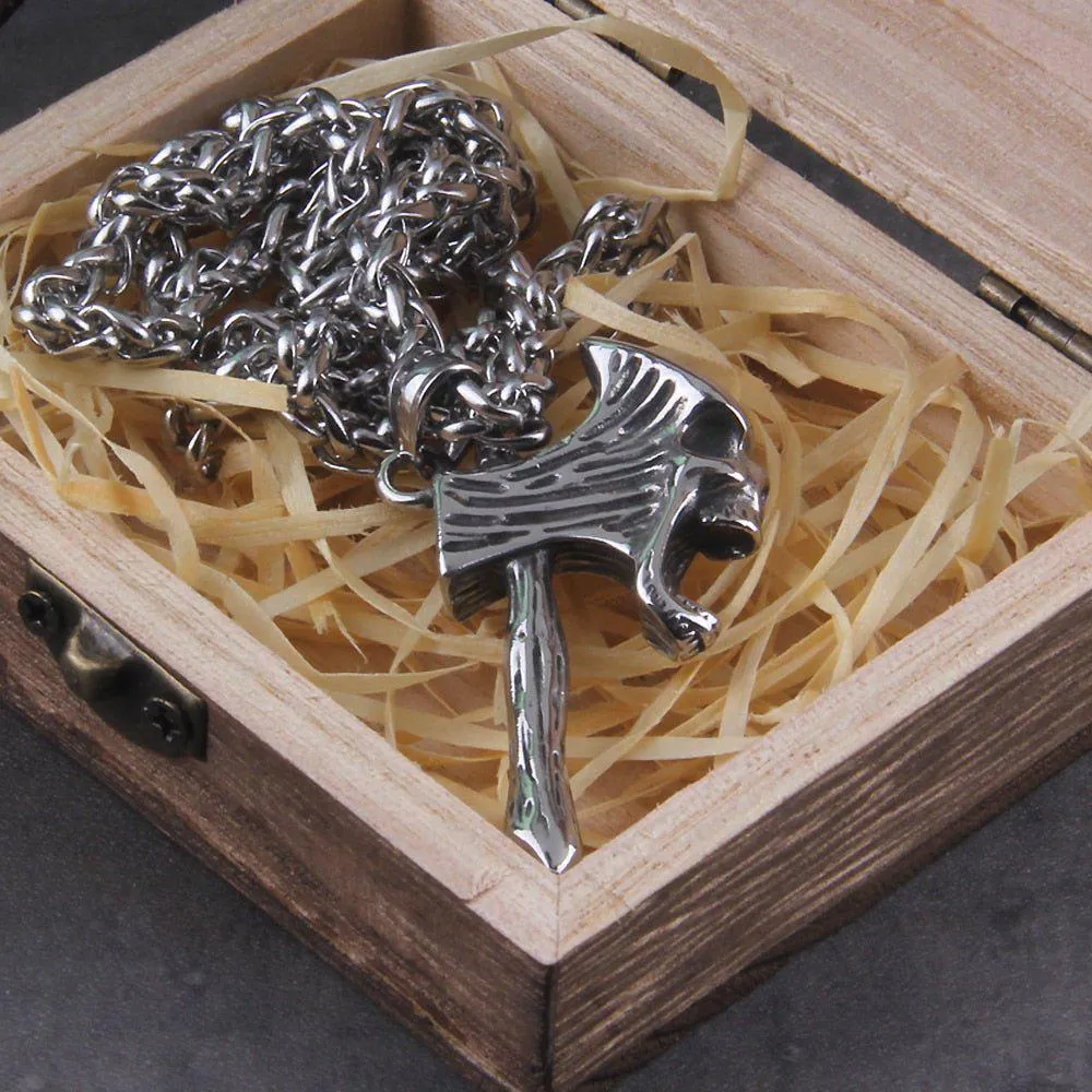 Silver Skull Axe Pendant Viking Necklace