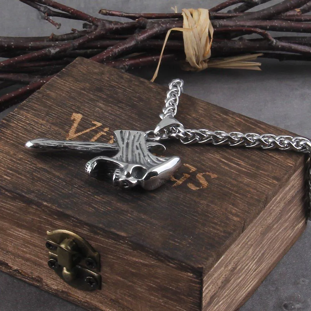 Silver Skull Axe Pendant Viking Necklace