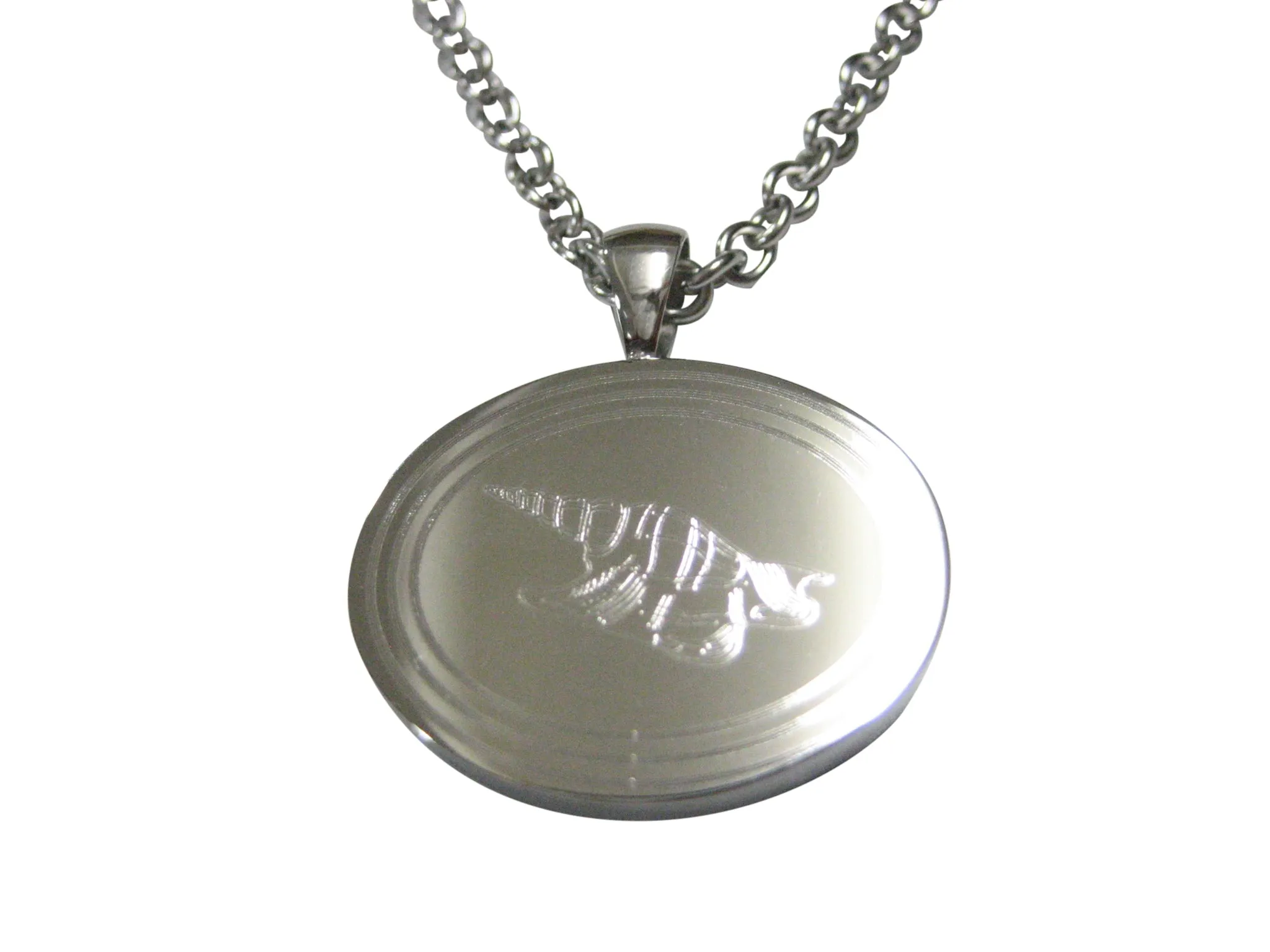 Silver Toned Oval Etched Sea Shell Pendant Necklace