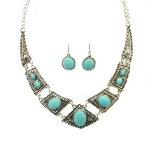 SILVER-TURQUOISE NECKLACE AND EARRING SET  #FW1399NTQ-S