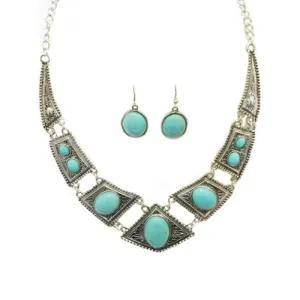 SILVER-TURQUOISE NECKLACE AND EARRING SET  #FW1399NTQ-S