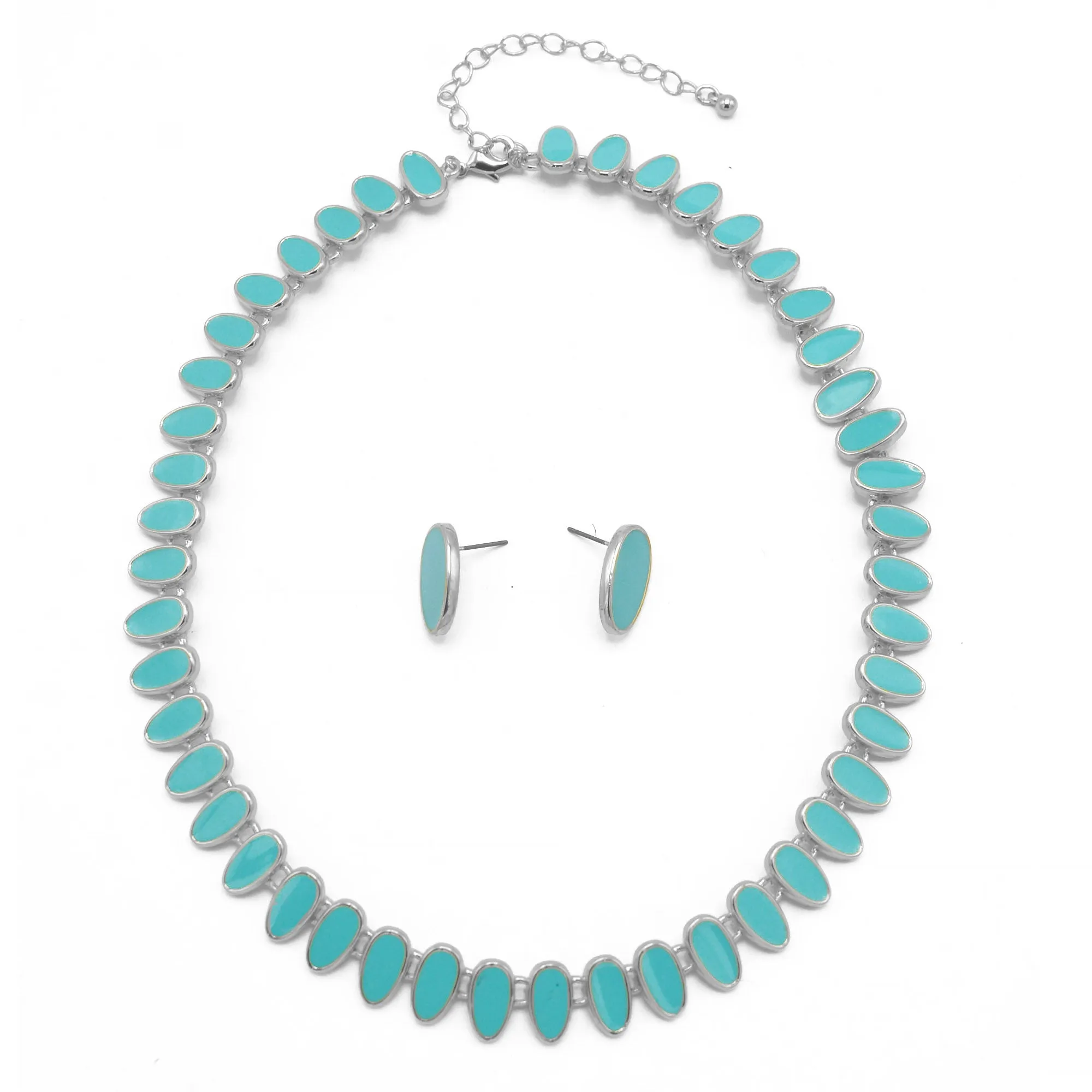 SILVER TURQUOISE NECKLACE AND EARRINGS SET#HNN E89815SLTQ(Q2)