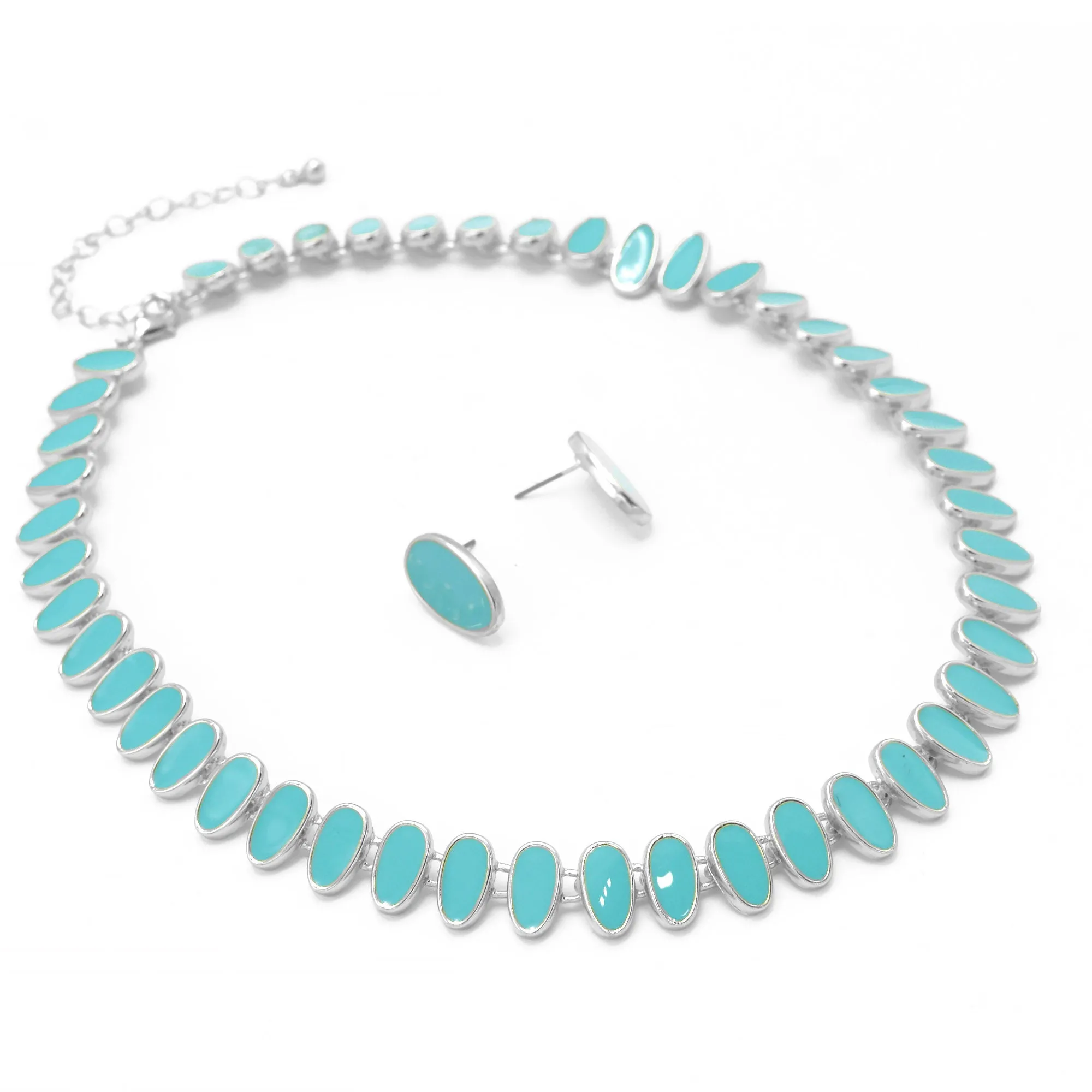 SILVER TURQUOISE NECKLACE AND EARRINGS SET#HNN E89815SLTQ(Q2)