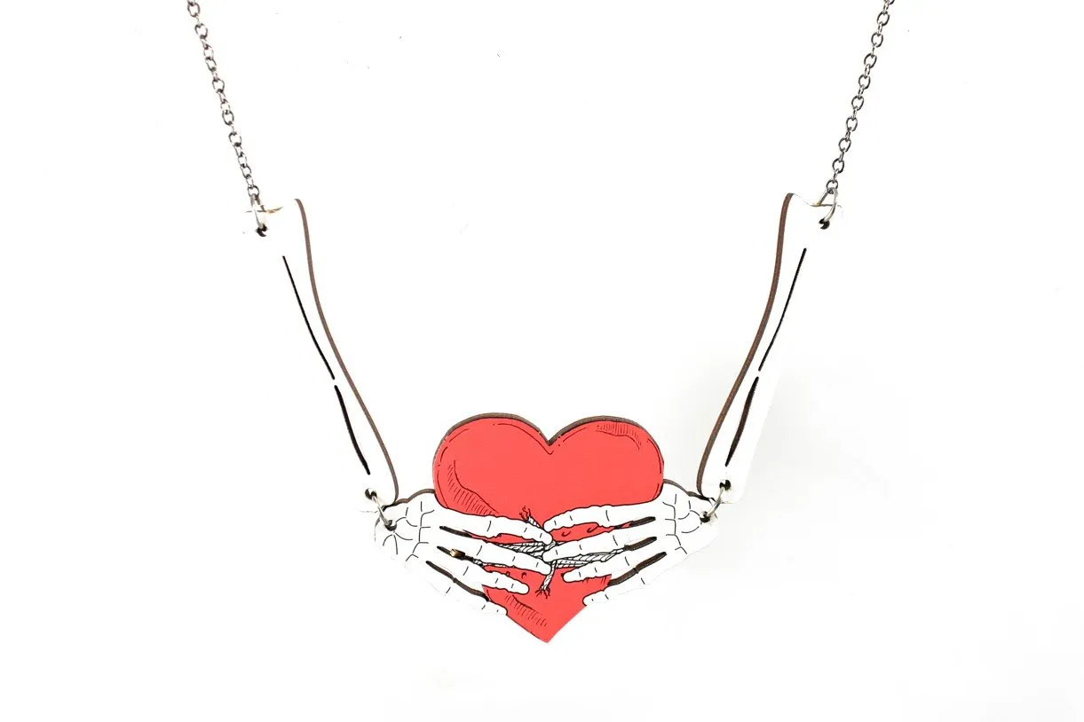 Skeleton Hands Holding Heart Necklace- Silver & Red