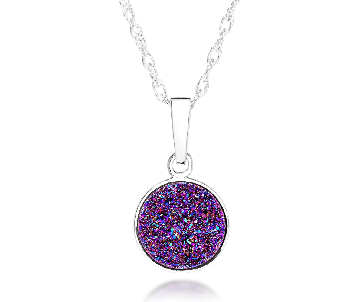 Small Round Purple Rainbow Druzy Necklace