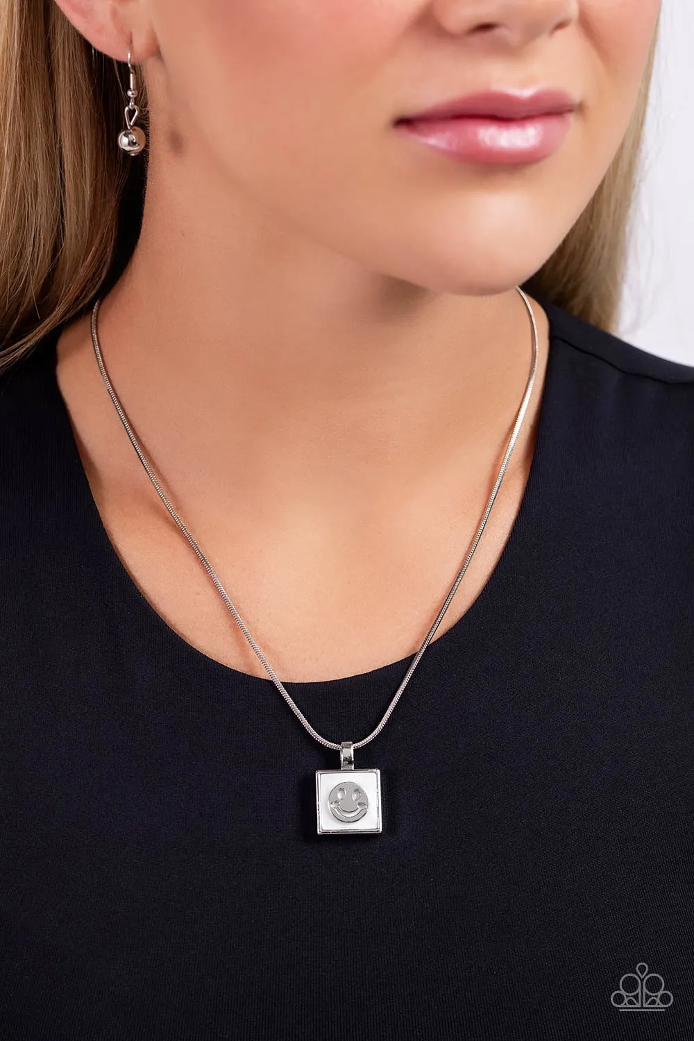 Smiley Season - White - Seashell Silver Smiley Face Paparazzi Short Necklace