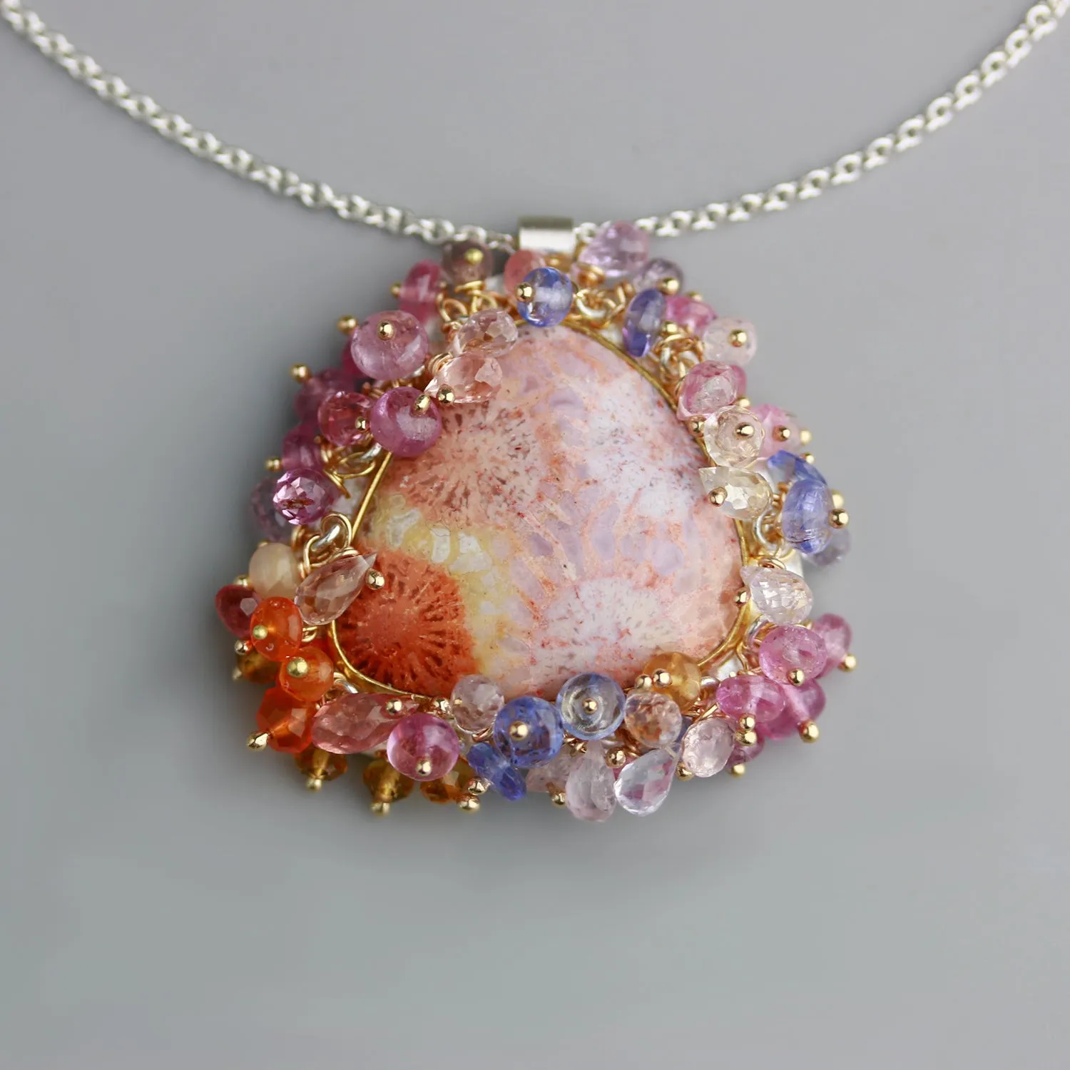 SOLD  Pastel Fossil Coral Fringed Pendant
