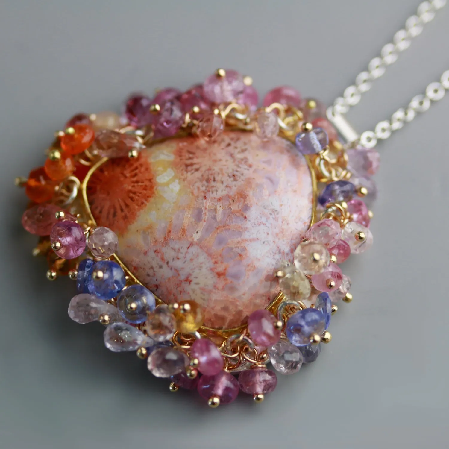 SOLD  Pastel Fossil Coral Fringed Pendant