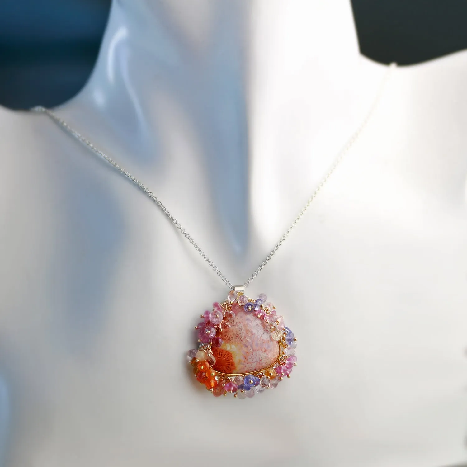 SOLD  Pastel Fossil Coral Fringed Pendant