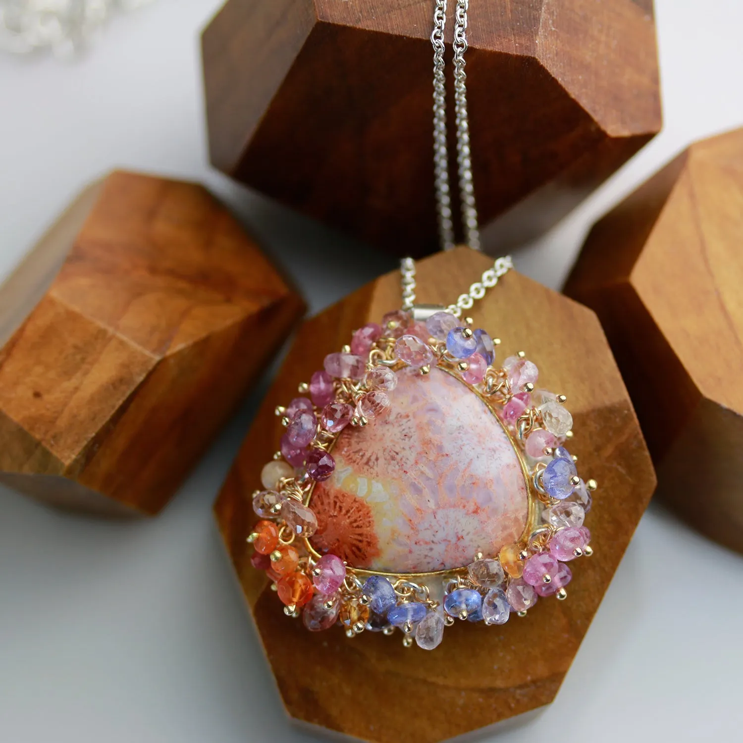 SOLD  Pastel Fossil Coral Fringed Pendant