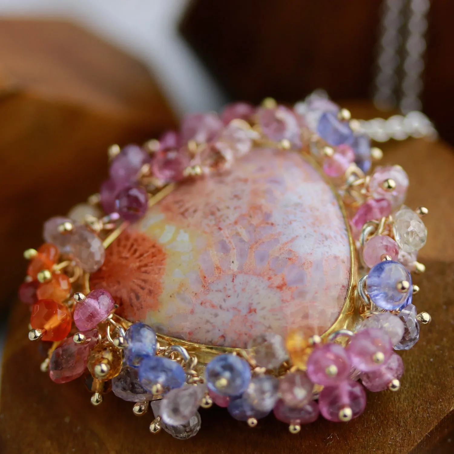 SOLD  Pastel Fossil Coral Fringed Pendant