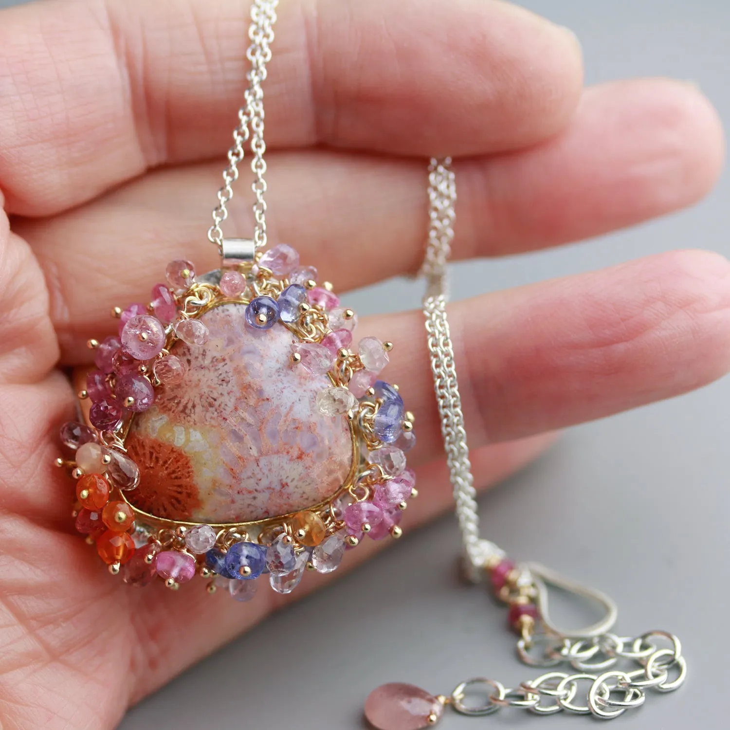 SOLD  Pastel Fossil Coral Fringed Pendant