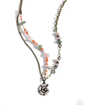 Spiraling Seafloor - Brass - Natural Stone and Seed Bead with Seashell Tiered Paparazzi Short Necklace