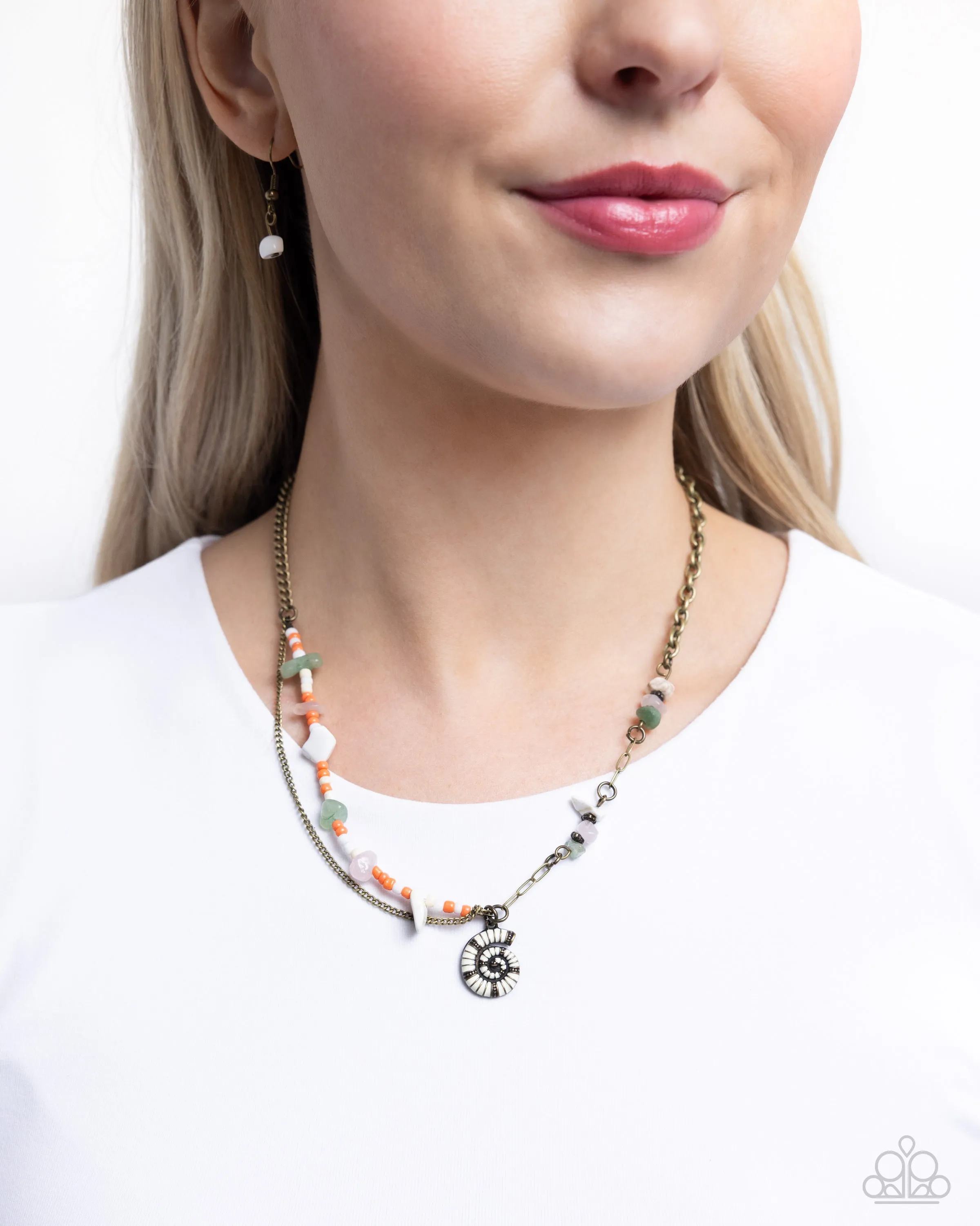 Spiraling Seafloor - Brass - Natural Stone and Seed Bead with Seashell Tiered Paparazzi Short Necklace
