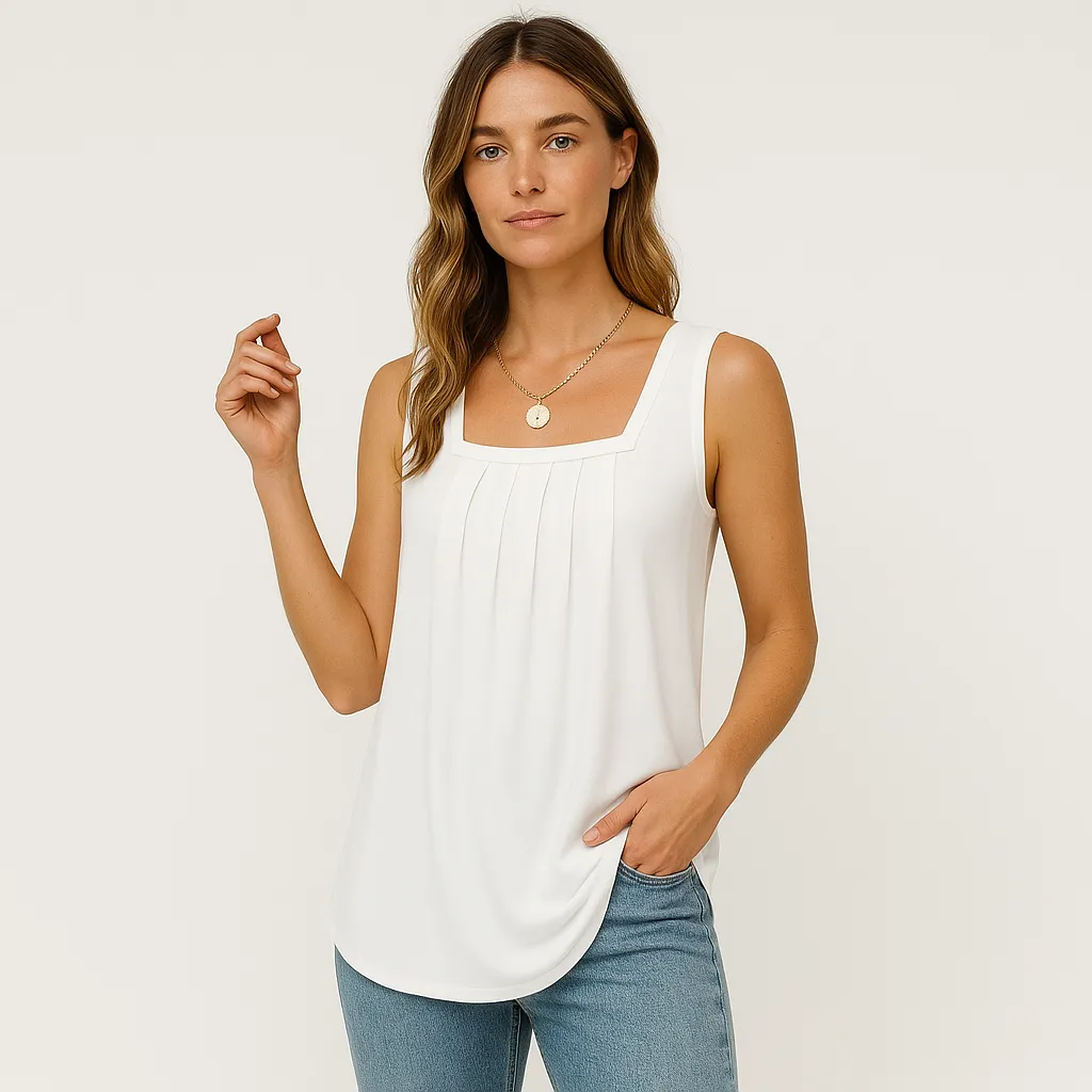 Square Neck Pleated Tank Top | Soft Polyester | Effortless Summer Style