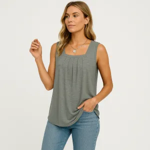 Square Neck Pleated Tank Top | Soft Polyester | Effortless Summer Style
