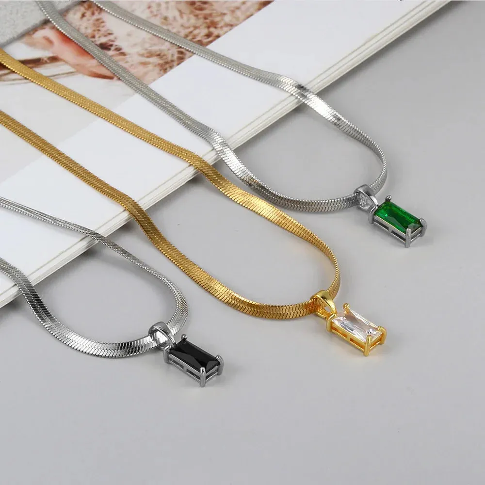 Squares Crystal Pendant Necklace for Women Dazzling CZ Gold Color Stainless Steel Choker Snake Chain on Neck Jewelry
