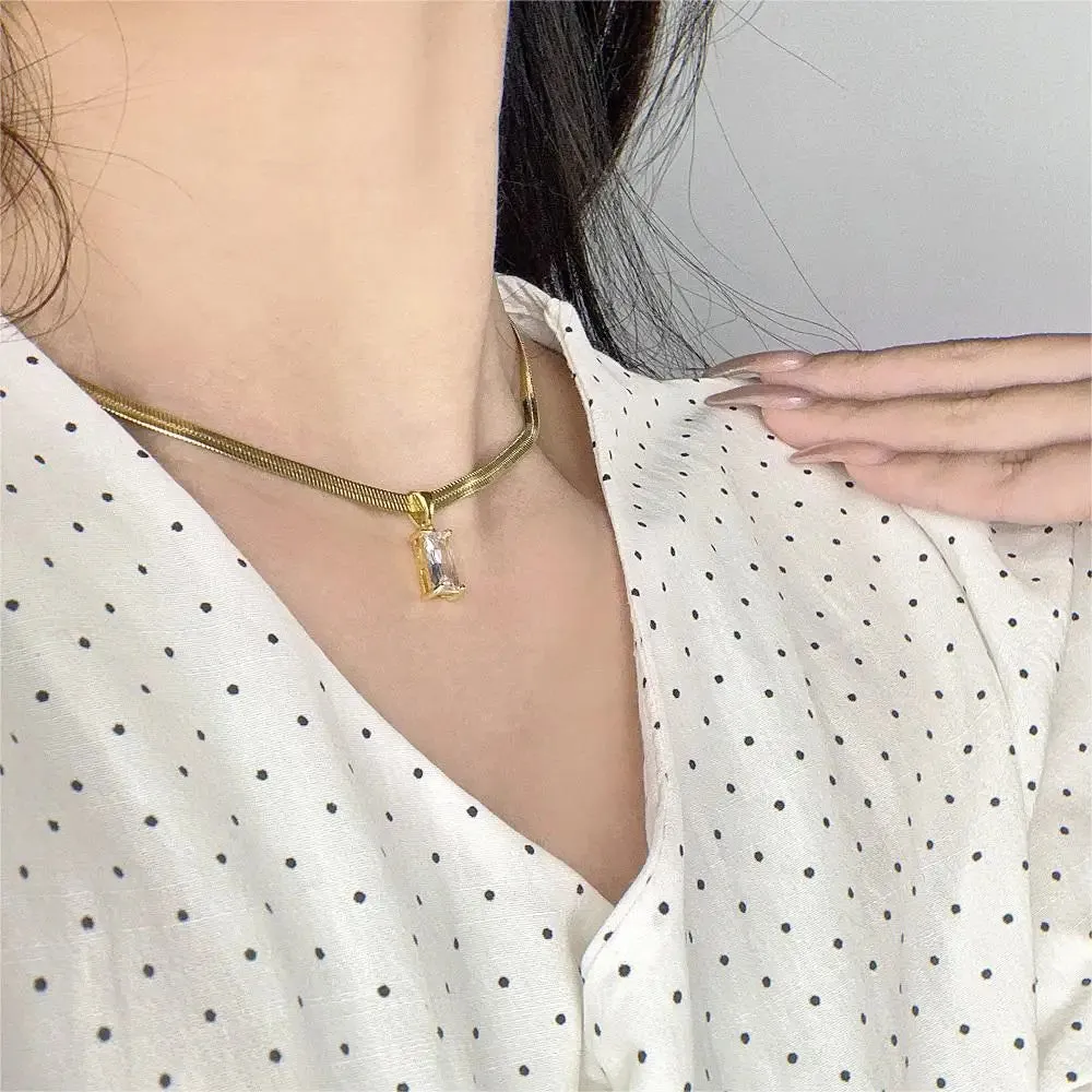 Squares Crystal Pendant Necklace for Women Dazzling CZ Gold Color Stainless Steel Choker Snake Chain on Neck Jewelry