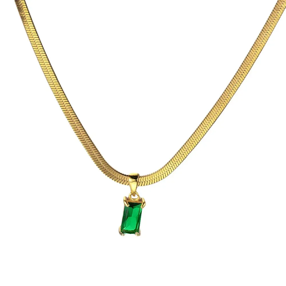Squares Crystal Pendant Necklace for Women Dazzling CZ Gold Color Stainless Steel Choker Snake Chain on Neck Jewelry