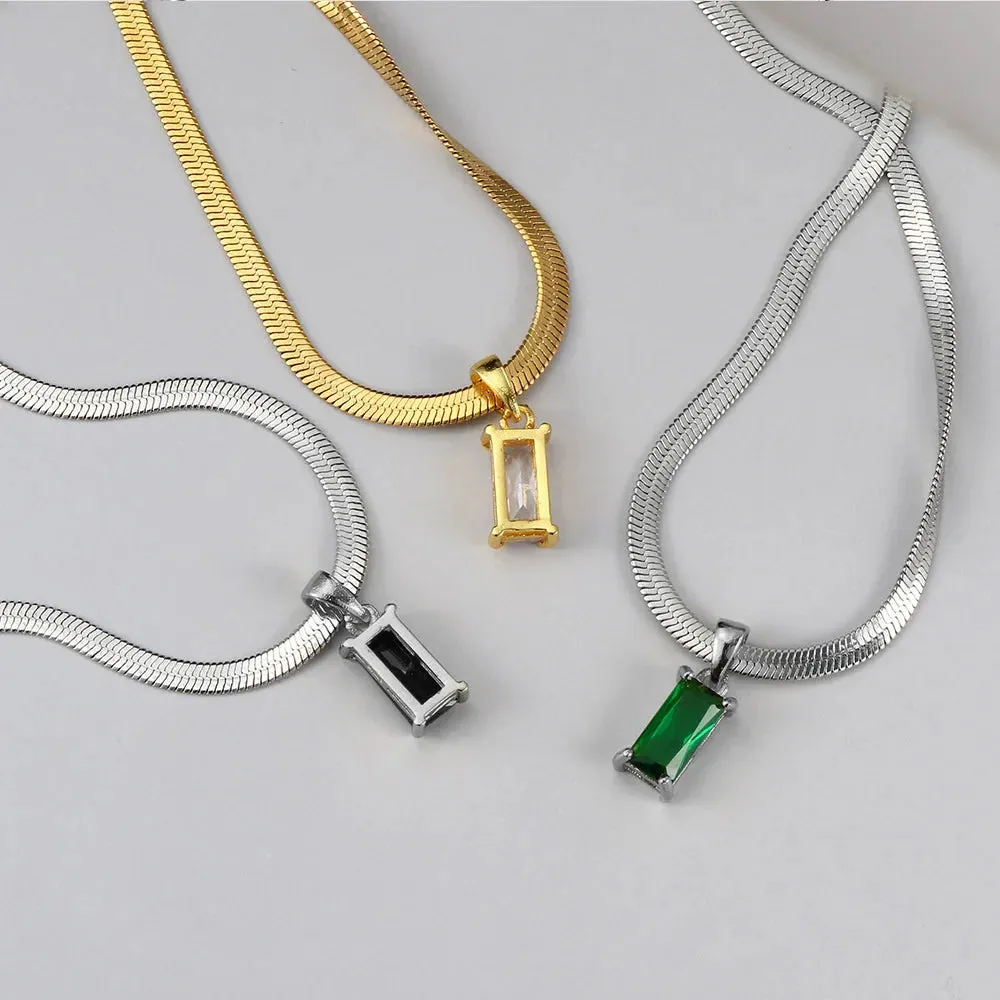 Squares Crystal Pendant Necklace for Women Dazzling CZ Gold Color Stainless Steel Choker Snake Chain on Neck Jewelry