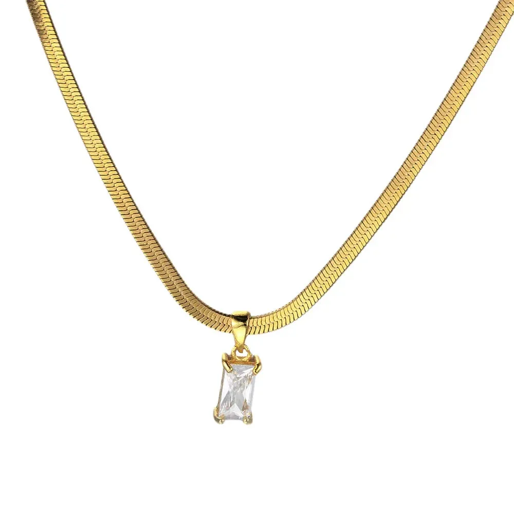 Squares Crystal Pendant Necklace for Women Dazzling CZ Gold Color Stainless Steel Choker Snake Chain on Neck Jewelry