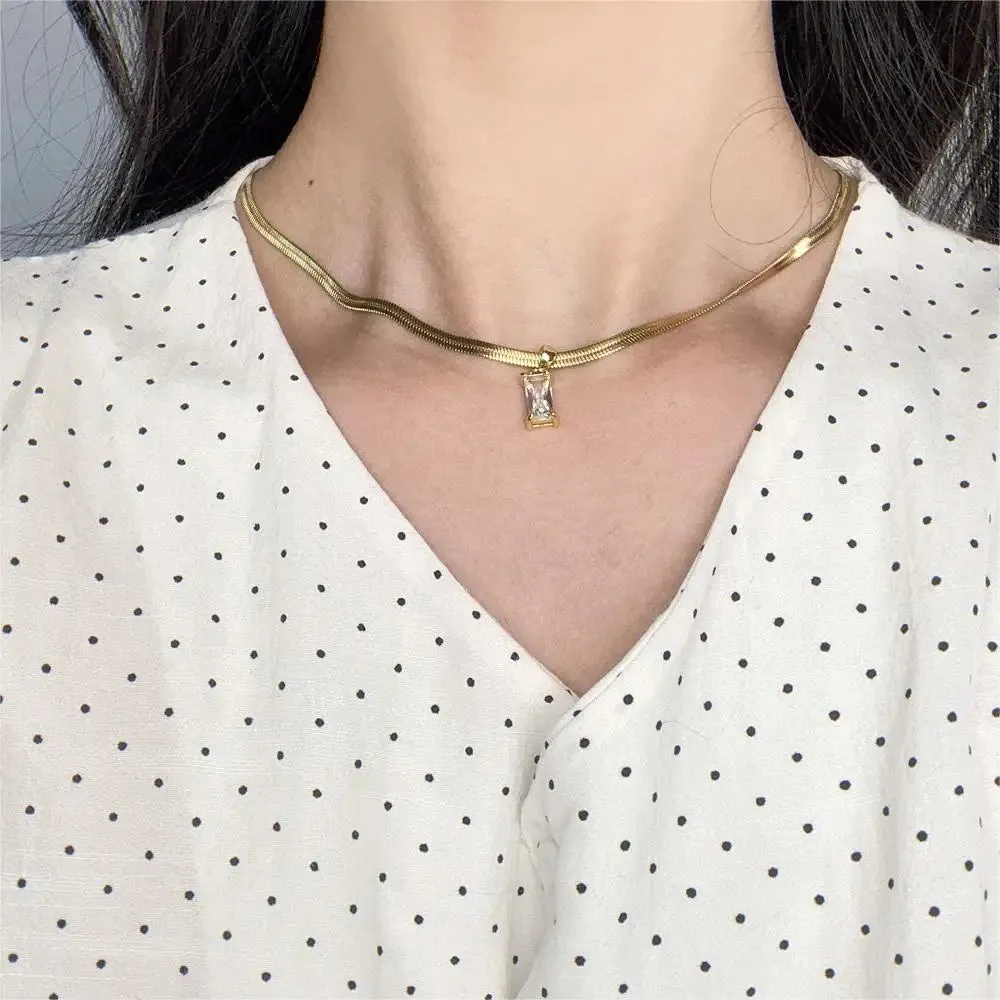 Squares Crystal Pendant Necklace for Women Dazzling CZ Gold Color Stainless Steel Choker Snake Chain on Neck Jewelry