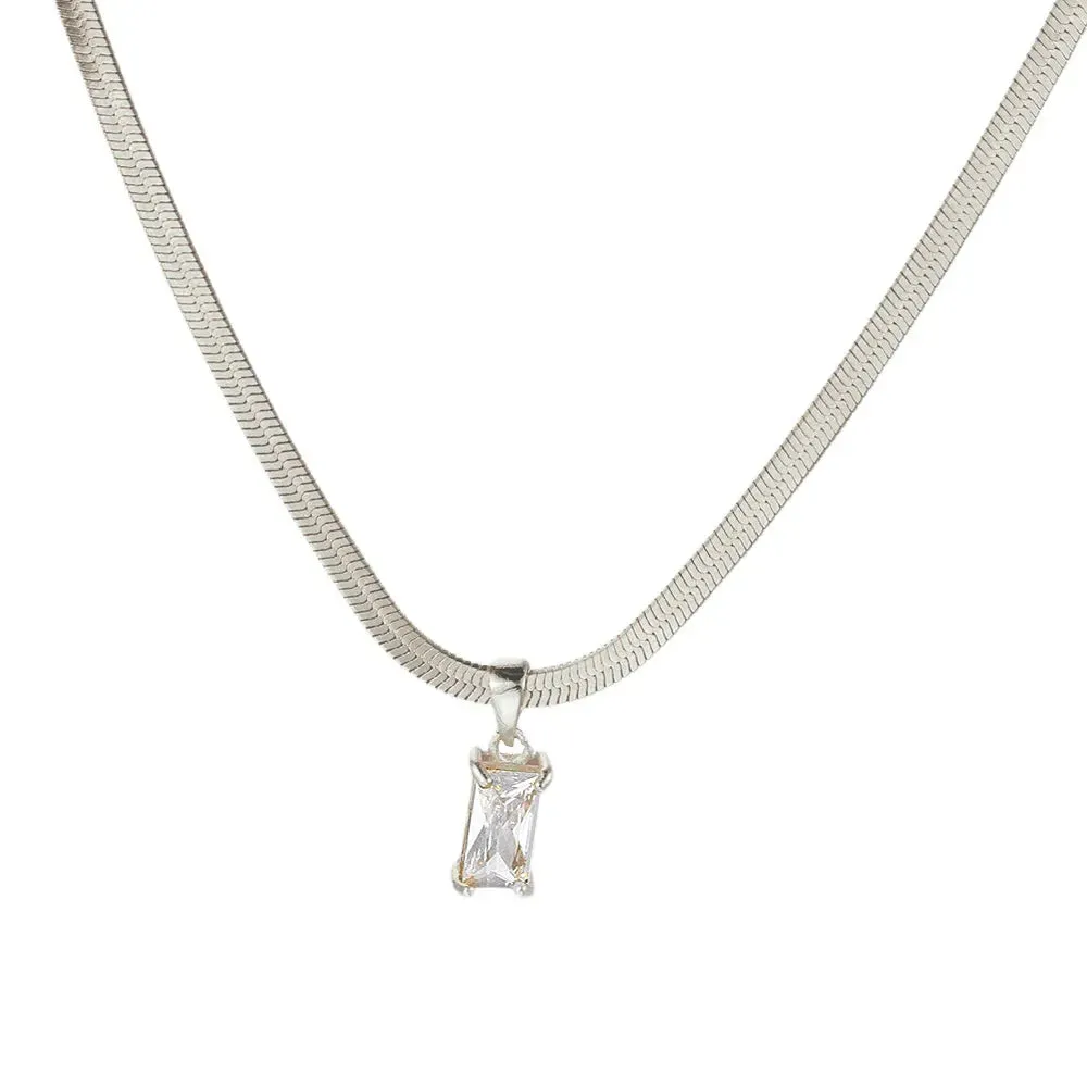 Squares Crystal Pendant Necklace for Women Dazzling CZ Gold Color Stainless Steel Choker Snake Chain on Neck Jewelry