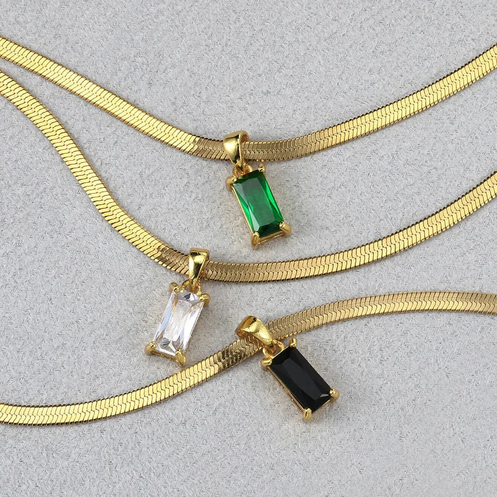 Squares Crystal Pendant Necklace for Women Dazzling CZ Gold Color Stainless Steel Choker Snake Chain on Neck Jewelry