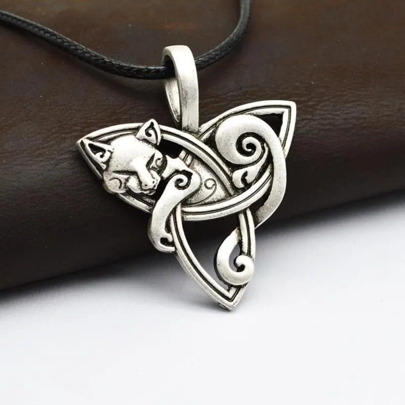 Stainless Steel Cat on Triquetra Celtic Necklace