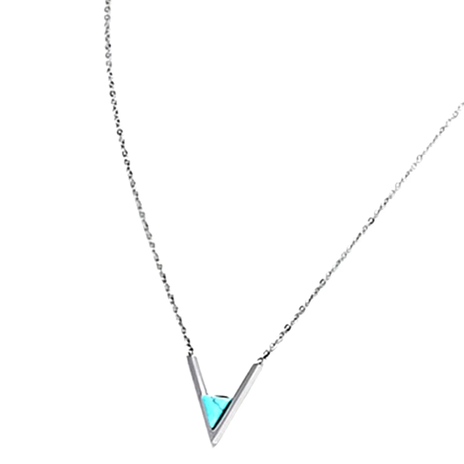 Stainless Steel Classic V Triangle Turquoise Stone Charm Link Chain Necklace Pendant