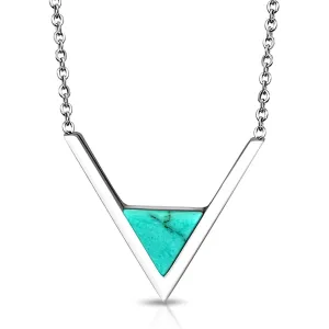 Stainless Steel Classic V Triangle Turquoise Stone Charm Link Chain Necklace Pendant